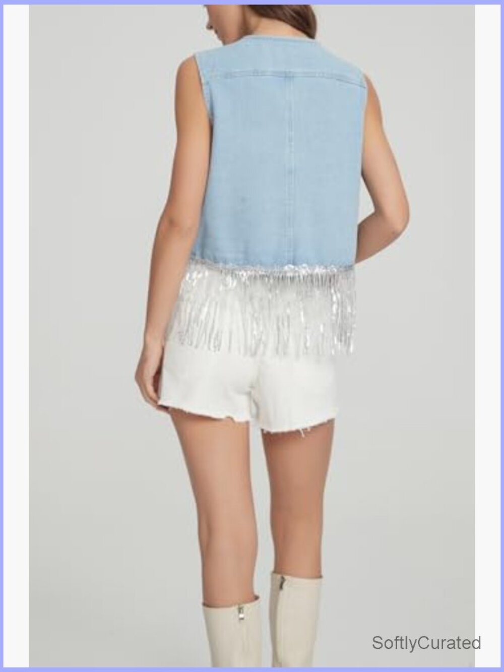 Cropped Fringe Denim Vest Pearl Sequin Y2K Western Cowgirl Vest Top - Picture 4 of 7